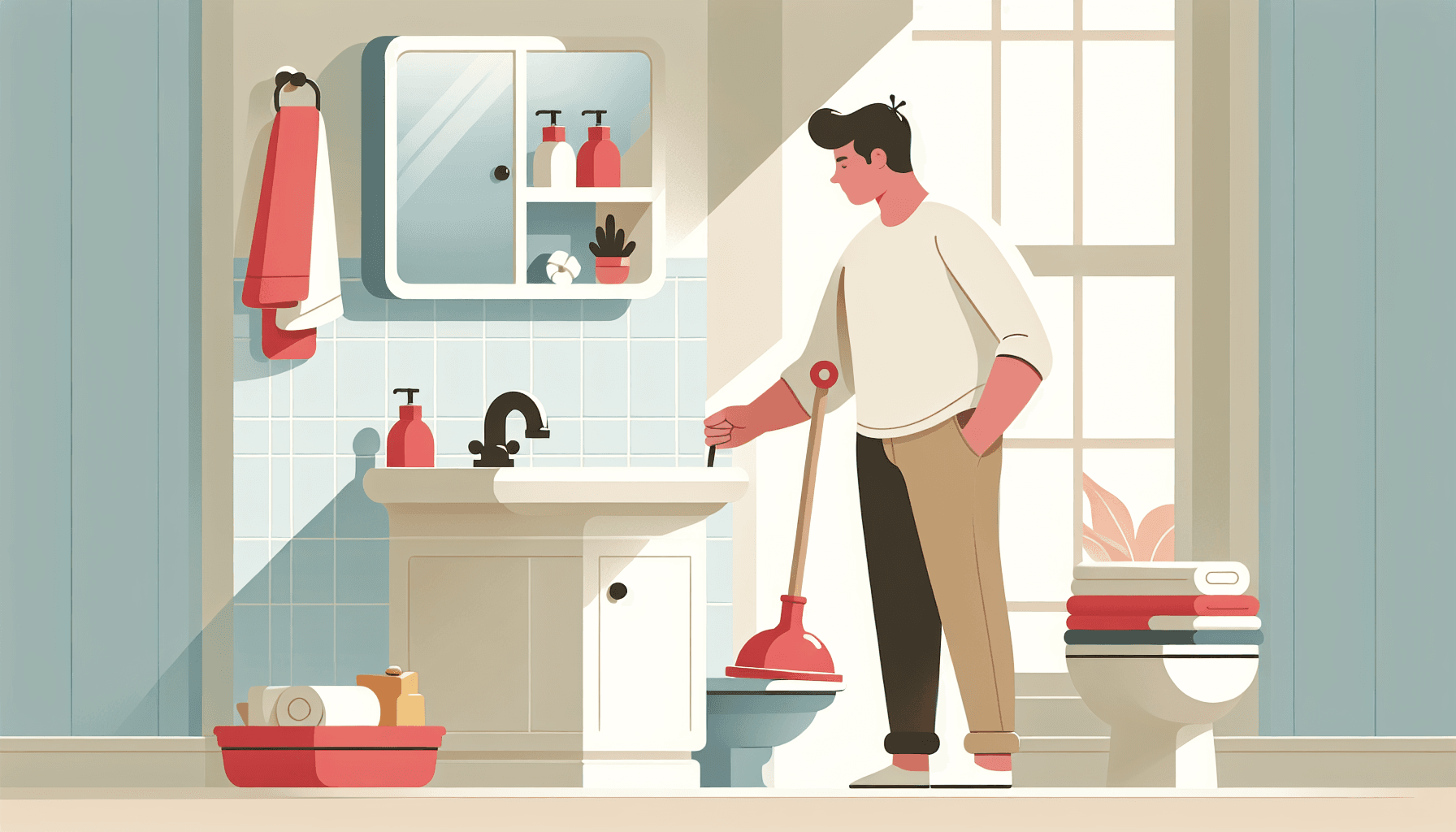 Person using a plunger on a clogged bathroom sink